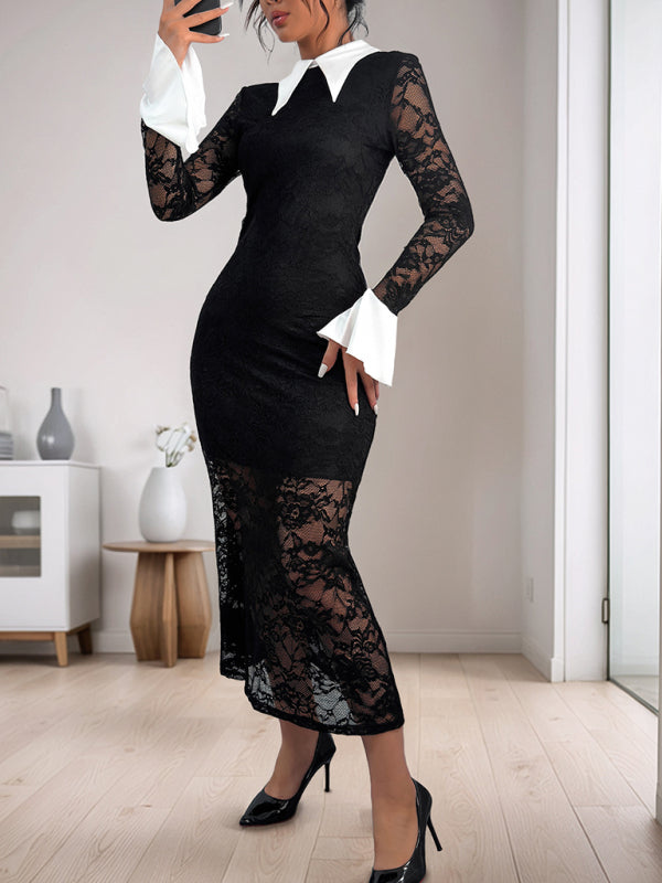 Lace Black and White Contrast Midi Dress