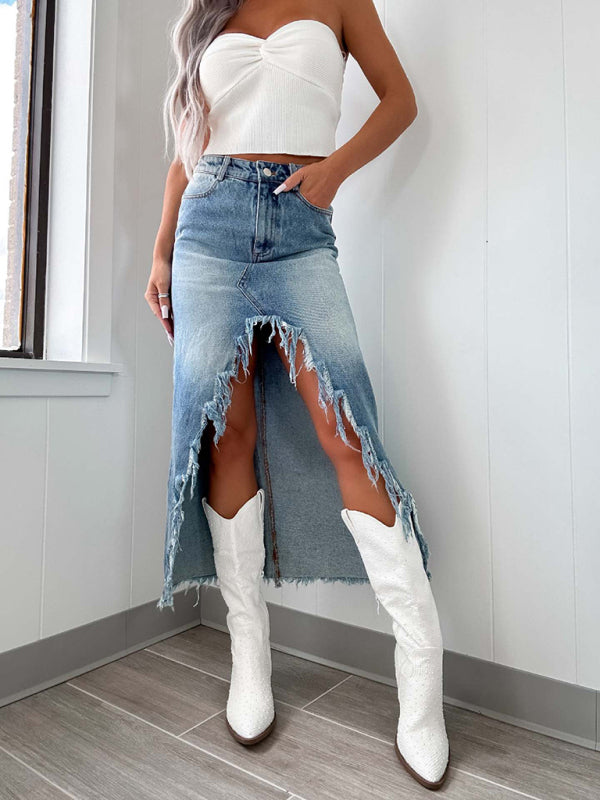 High Waist Irregular Hem Front Slit Denim Skirt