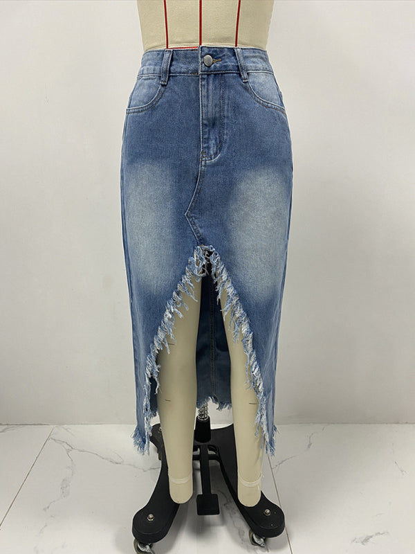 High Waist Irregular Hem Front Slit Denim Skirt