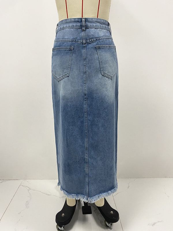 High Waist Irregular Hem Front Slit Denim Skirt