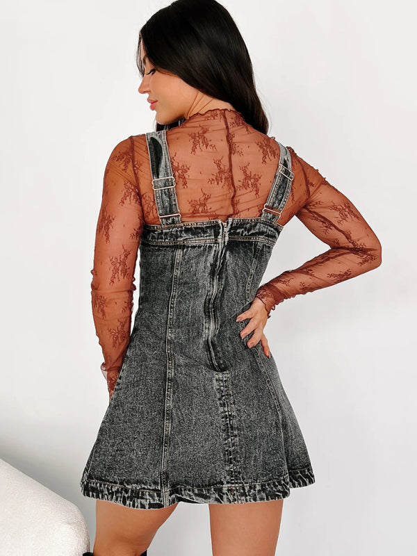 Denim Suspender Strap Short Dress