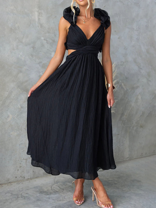 Ruffle Hollow Tie Pleated Sleeveless Dress