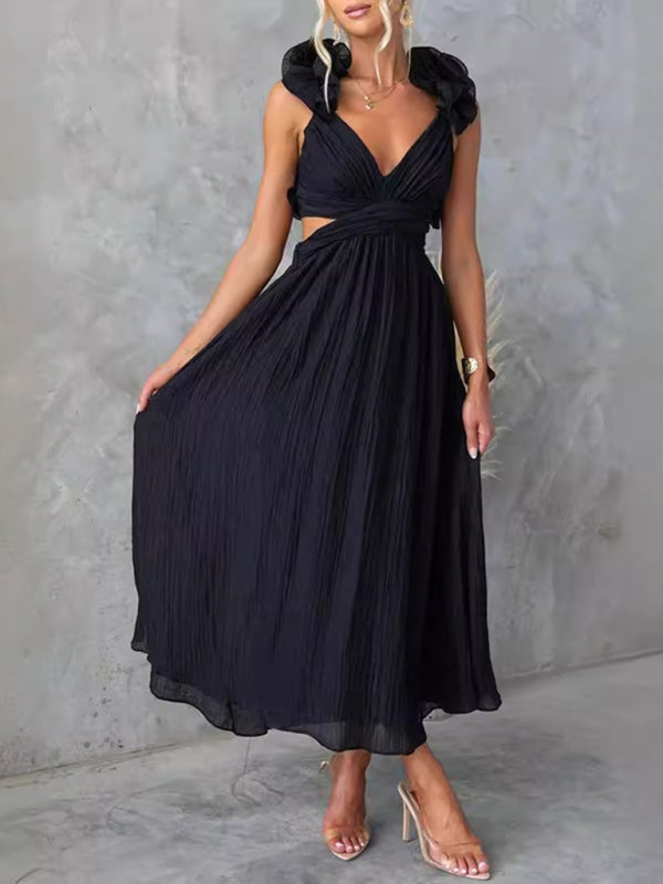 Ruffle Hollow Tie Pleated Sleeveless Dress