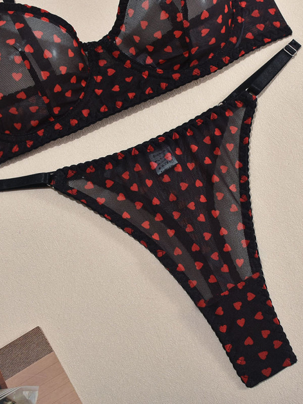 Hearts Print Mesh Two-piece Lingerie Set