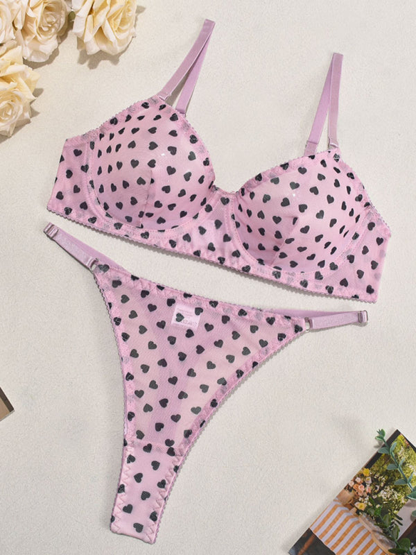 Hearts Print Mesh Two-piece Lingerie Set