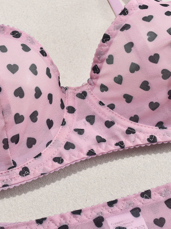 Hearts Print Mesh Two-piece Lingerie Set