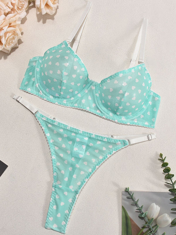 Hearts Print Mesh Two-piece Lingerie Set