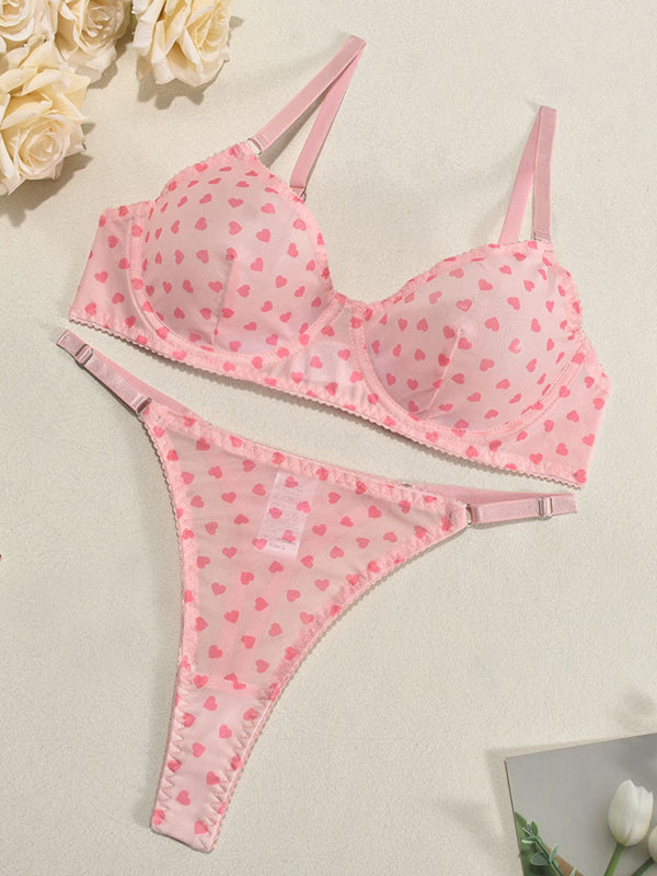 Hearts Print Mesh Two-piece Lingerie Set