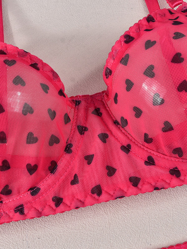 Hearts Print Mesh Two-piece Lingerie Set