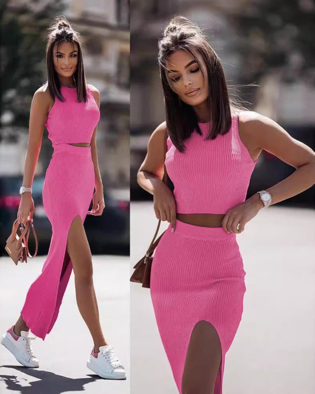 Knitted Sleeveless Vest Front-slit Skirt Two-piece Suit