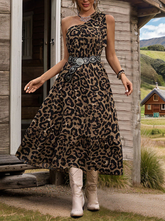 Leopard Print One-shoulder Tie A-line Dress (belt not included)