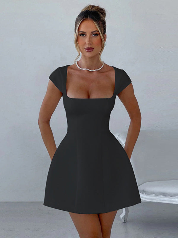 Square Neck  Short Sleeve A-Line Dress