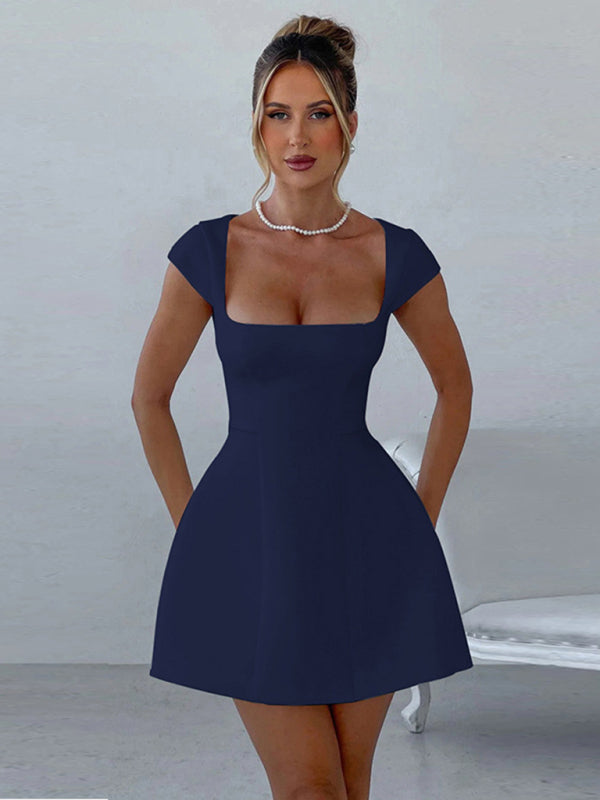 Square Neck  Short Sleeve A-Line Dress