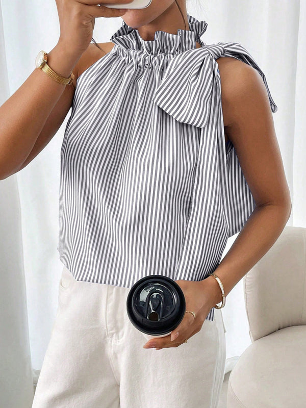 Striped High-neck Tie-knot Sleeveless Shirt