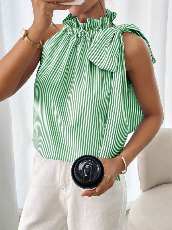 Striped High-neck Tie-knot Sleeveless Shirt