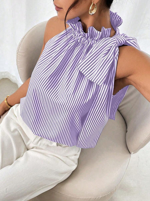 Striped High-neck Tie-knot Sleeveless Shirt