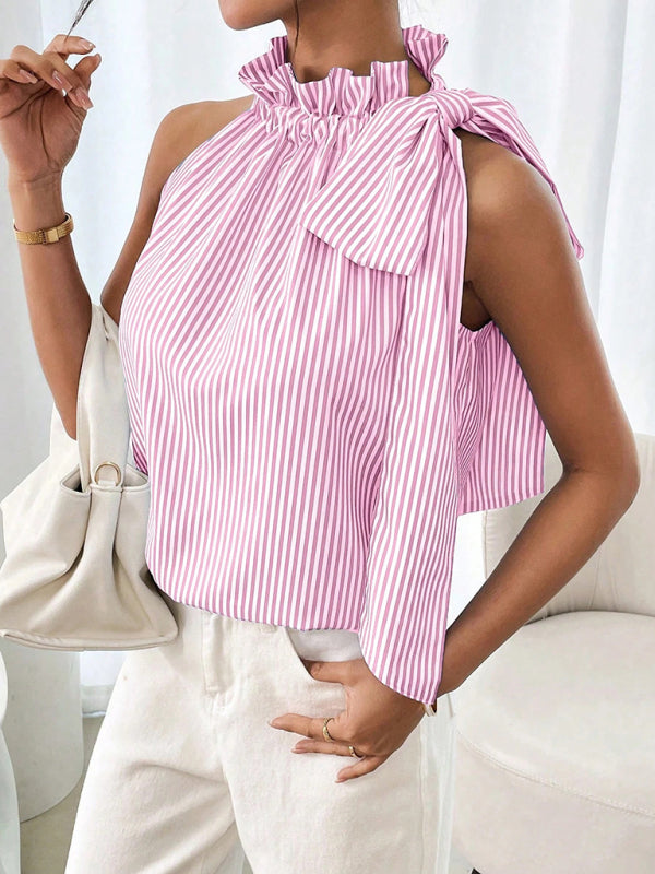 Striped High-neck Tie-knot Sleeveless Shirt
