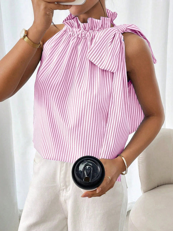 Striped High-neck Tie-knot Sleeveless Shirt