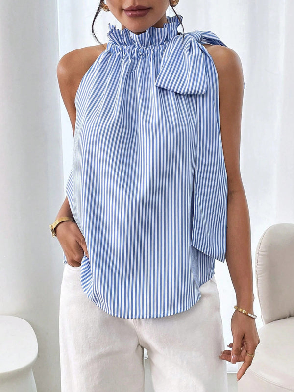 Striped High-neck Tie-knot Sleeveless Shirt