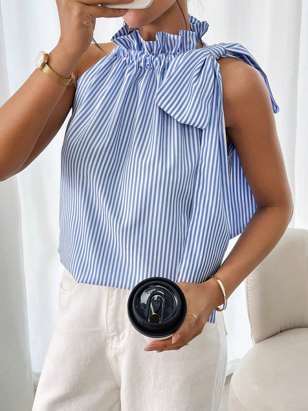 Striped High-neck Tie-knot Sleeveless Shirt