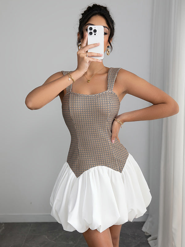 Houndstooth Print Bubble-skirt Sleeveless Short Dress