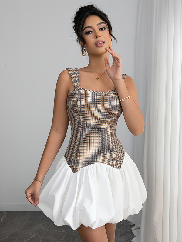 Houndstooth Print Bubble-skirt Sleeveless Short Dress