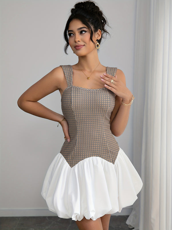Houndstooth Print Bubble-skirt Sleeveless Short Dress