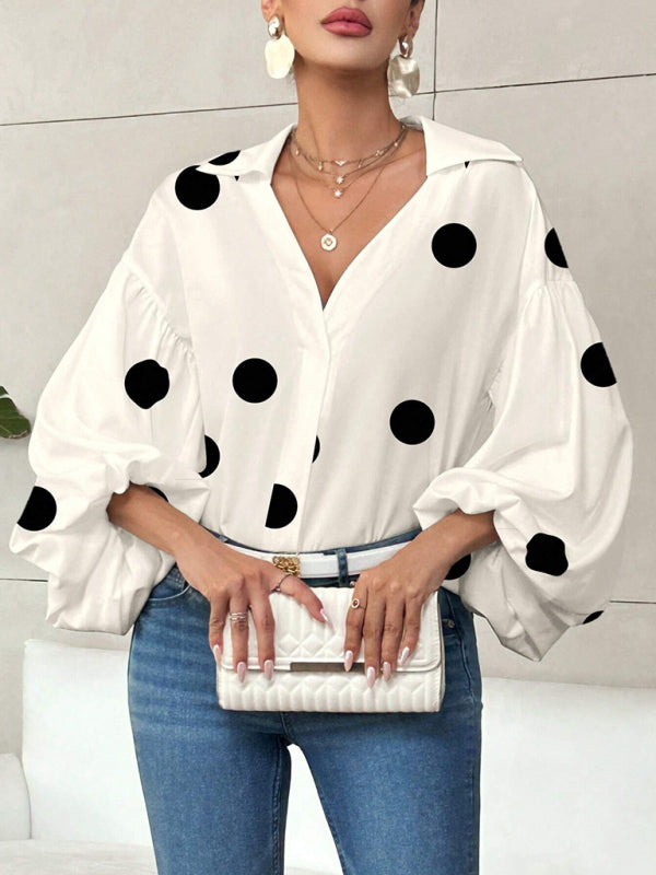Polka Dot Loose-fitting Puff-sleeved Semi-open Collar Shirt