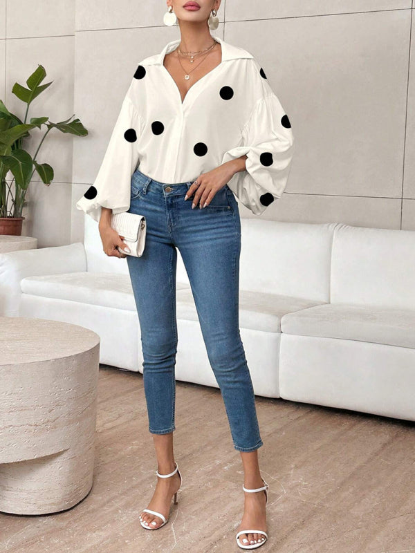 Polka Dot Loose-fitting Puff-sleeved Semi-open Collar Shirt
