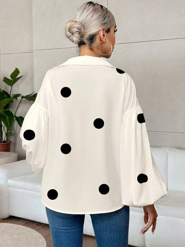 Polka Dot Loose-fitting Puff-sleeved Semi-open Collar Shirt