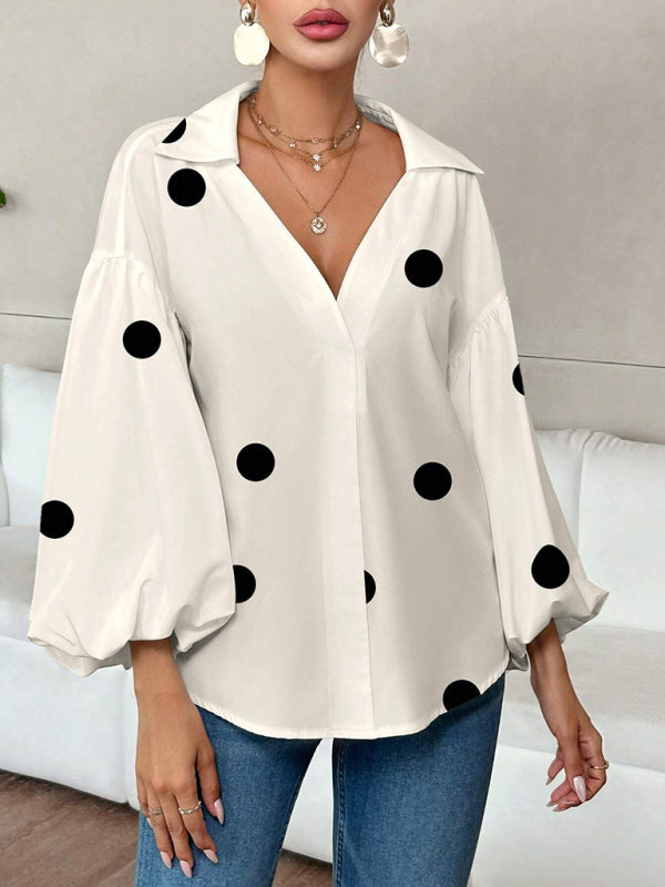 Polka Dot Loose-fitting Puff-sleeved Semi-open Collar Shirt