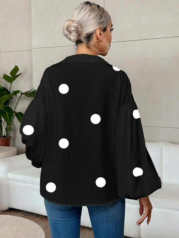 Polka Dot Loose-fitting Puff-sleeved Semi-open Collar Shirt