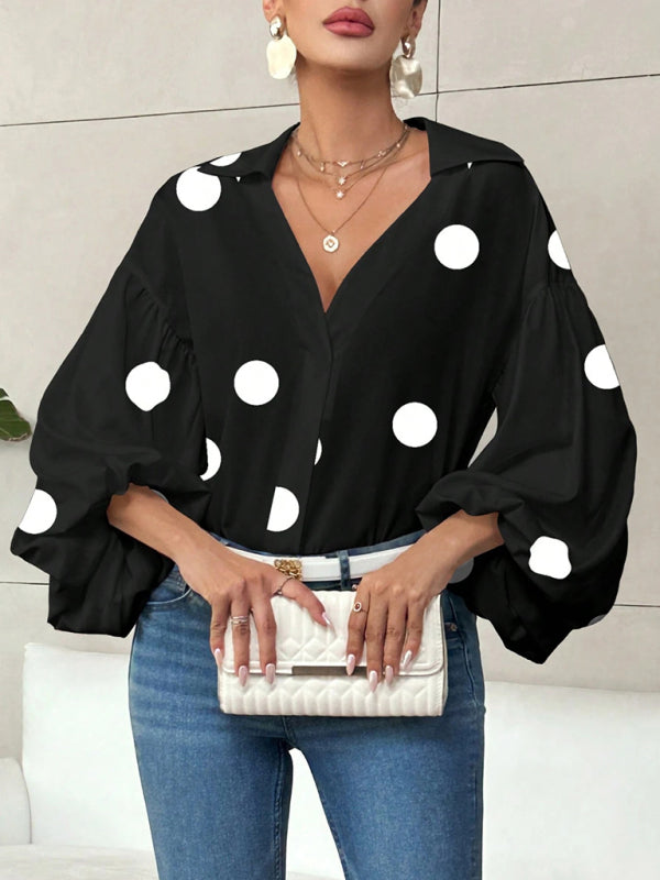 Polka Dot Loose-fitting Puff-sleeved Semi-open Collar Shirt
