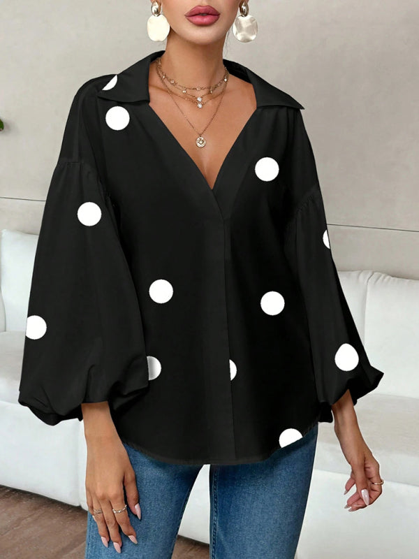 Polka Dot Loose-fitting Puff-sleeved Semi-open Collar Shirt