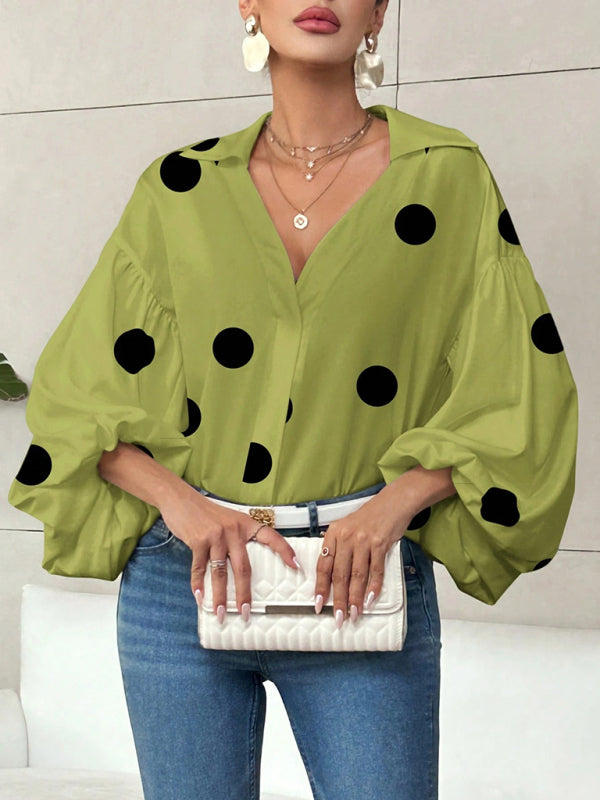 Polka Dot Loose-fitting Puff-sleeved Semi-open Collar Shirt