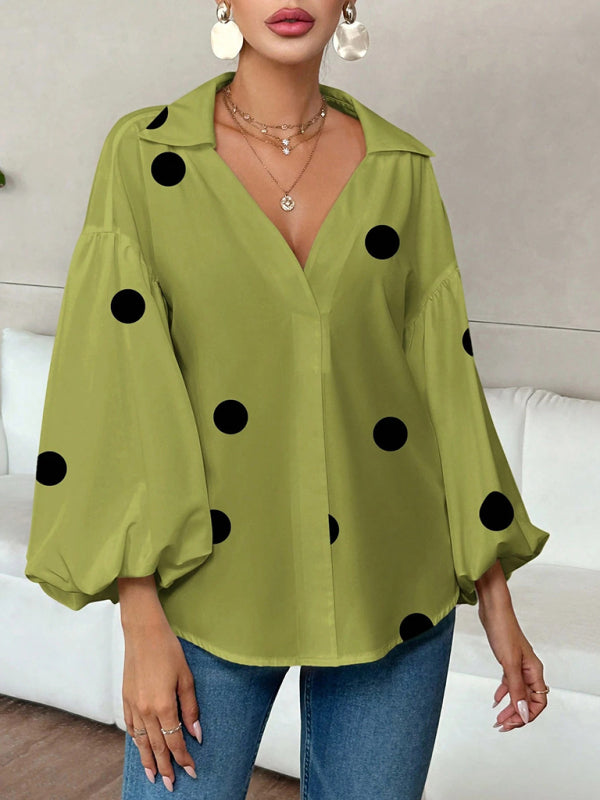 Polka Dot Loose-fitting Puff-sleeved Semi-open Collar Shirt