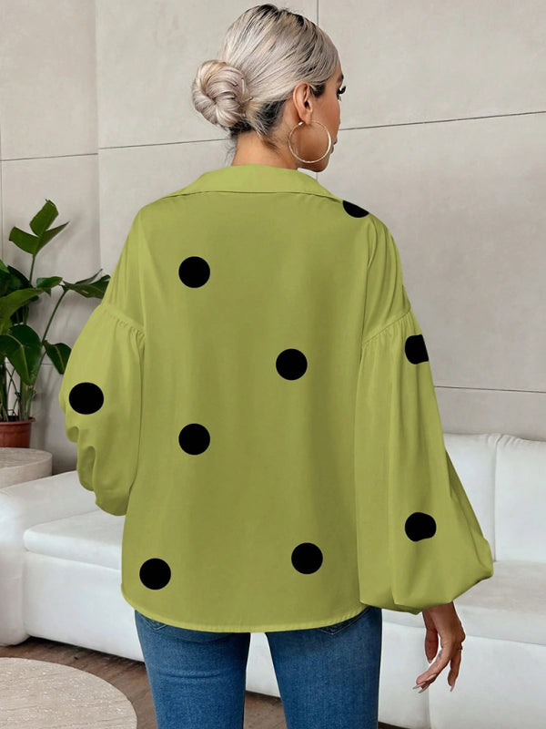 Polka Dot Loose-fitting Puff-sleeved Semi-open Collar Shirt