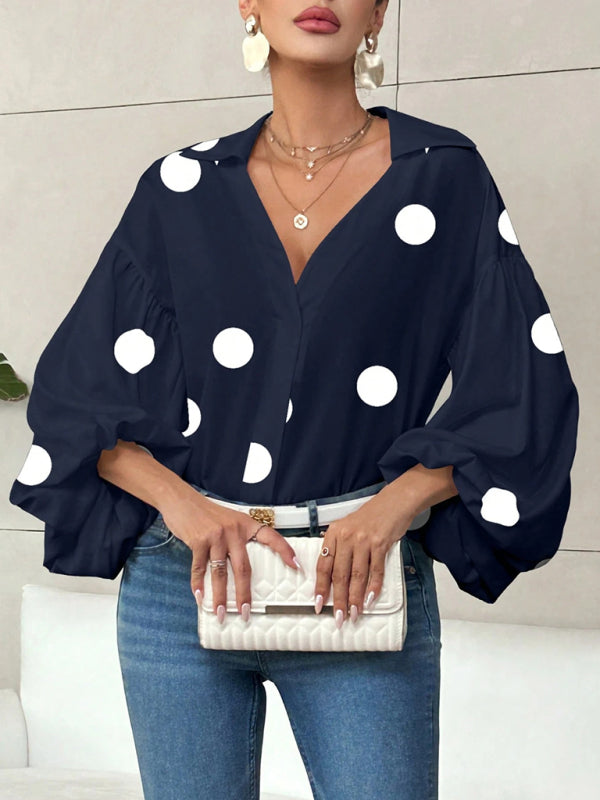 Polka Dot Loose-fitting Puff-sleeved Semi-open Collar Shirt
