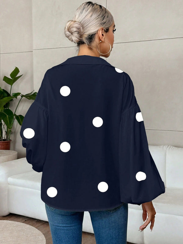 Polka Dot Loose-fitting Puff-sleeved Semi-open Collar Shirt