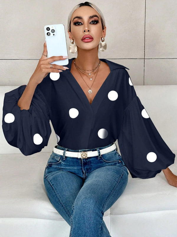 Polka Dot Loose-fitting Puff-sleeved Semi-open Collar Shirt