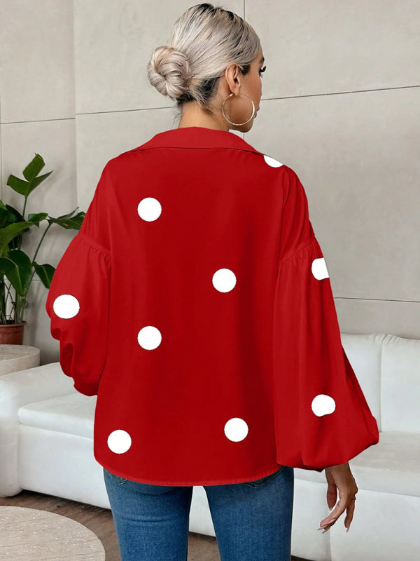 Polka Dot Loose-fitting Puff-sleeved Semi-open Collar Shirt
