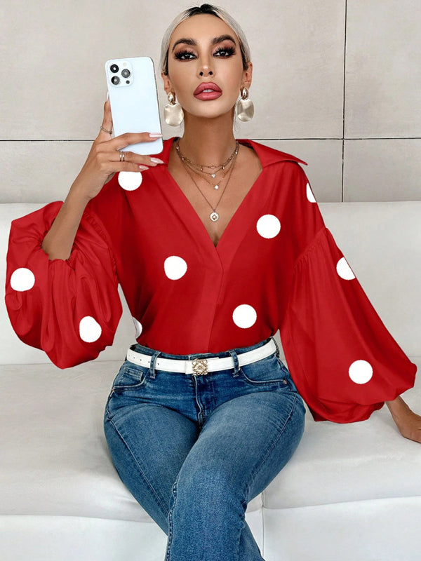 Polka Dot Loose-fitting Puff-sleeved Semi-open Collar Shirt