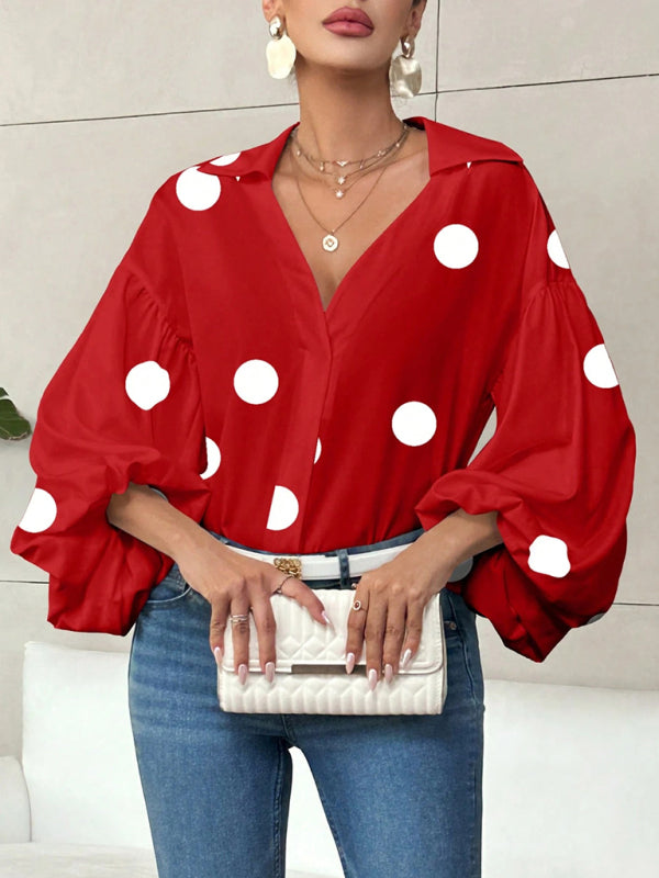 Polka Dot Loose-fitting Puff-sleeved Semi-open Collar Shirt