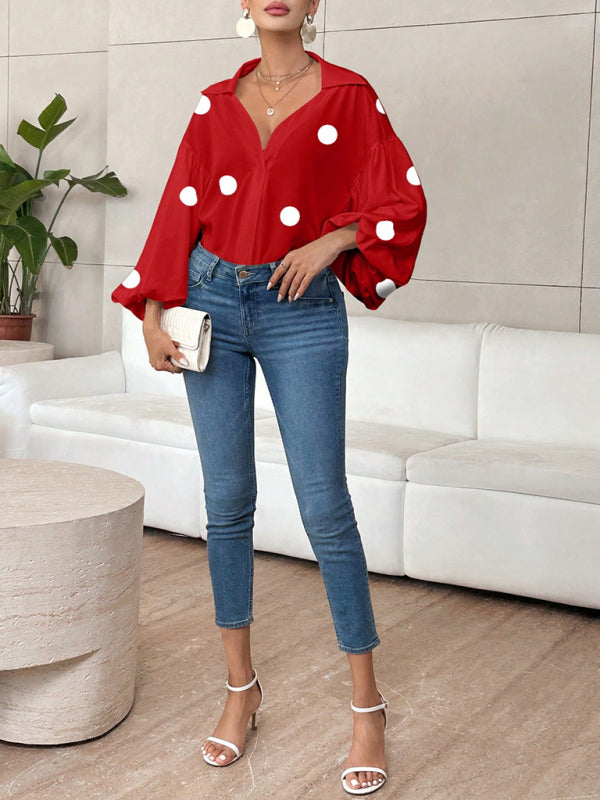 Polka Dot Loose-fitting Puff-sleeved Semi-open Collar Shirt
