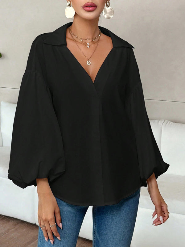 Puff-sleeved V-neck Semi-open Collar Blouse