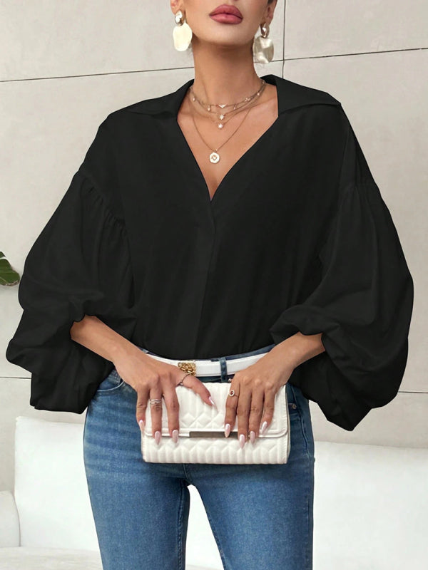 Puff-sleeved V-neck Semi-open Collar Blouse