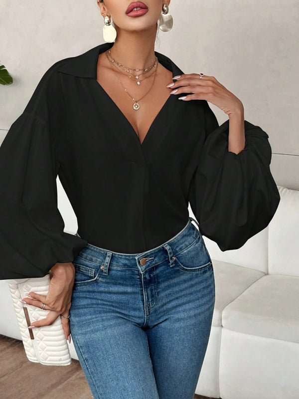 Puff-sleeved V-neck Semi-open Collar Blouse