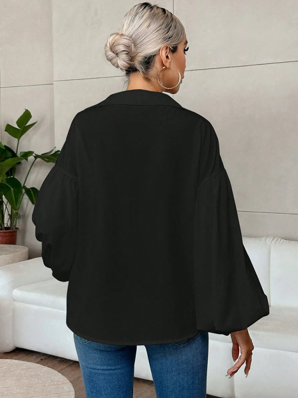 Puff-sleeved V-neck Semi-open Collar Blouse