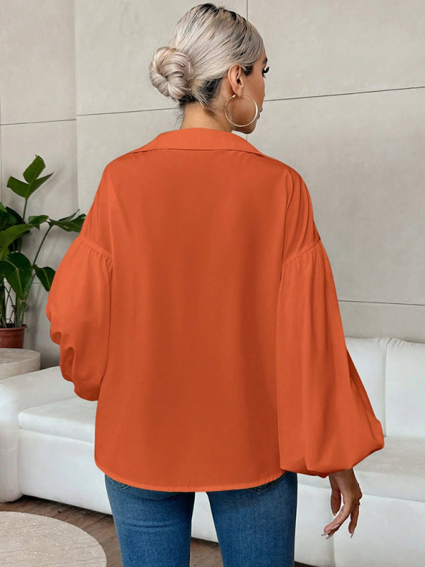 Puff-sleeved V-neck Semi-open Collar Blouse