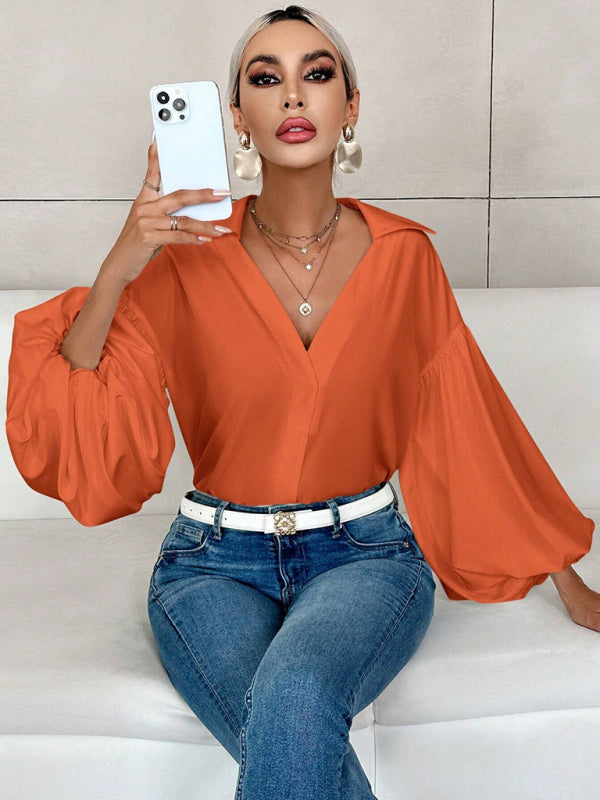 Puff-sleeved V-neck Semi-open Collar Blouse